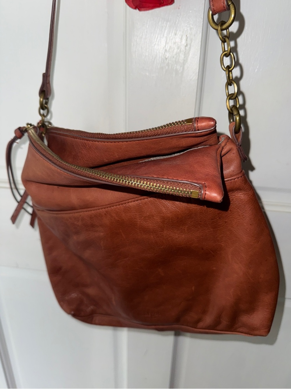 margot Leather Crossbody Bag in Rust Orange with Chain Detail